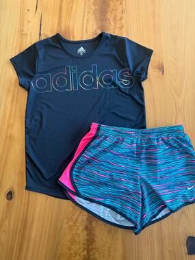 Girls Adidas Shirt Nike Atheltic Running Shorts set outfit L 14 Pink blue black